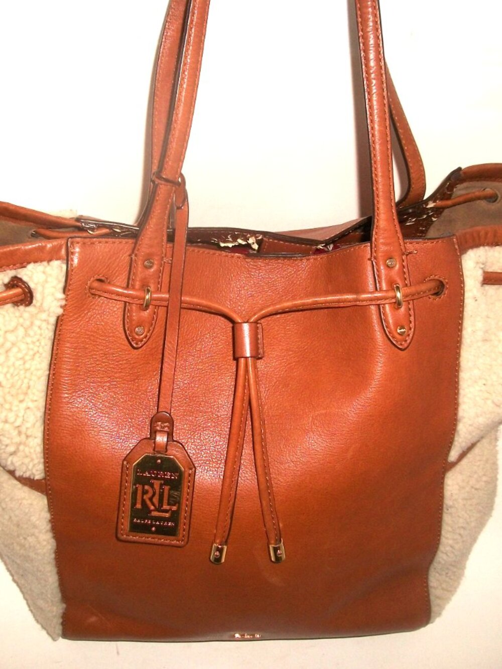 Ralph Lauren Large "Oxford" Caramel Leather & Shearling Shoulder Tote $448